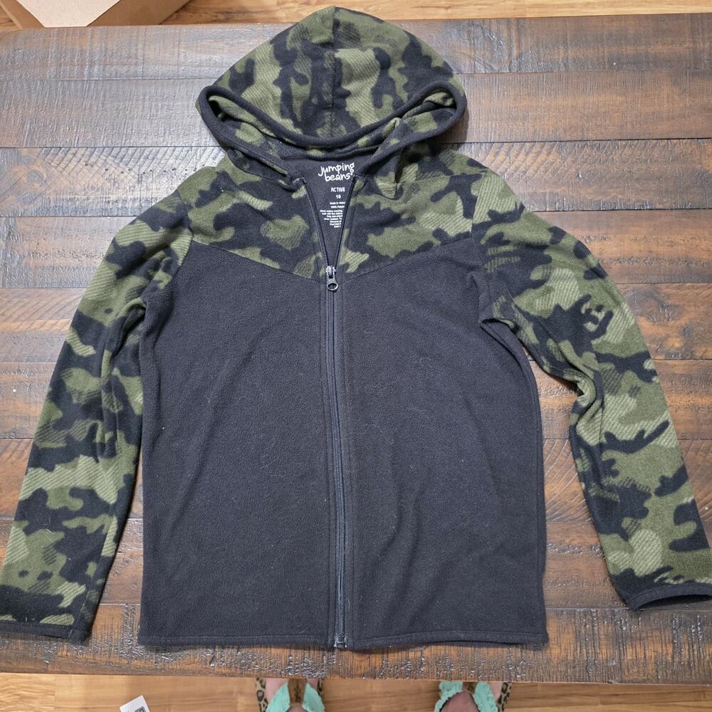Jumping Beans Active Boys Size 10 Camo Hooded Zip Jacket Black Green Lightweight